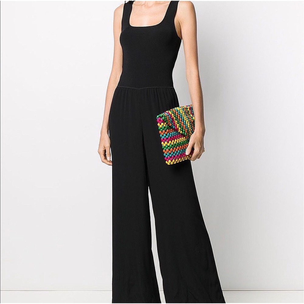 Theory Square Neck Rib Jumpsuit Small Black Wide Leg Romper NWOT